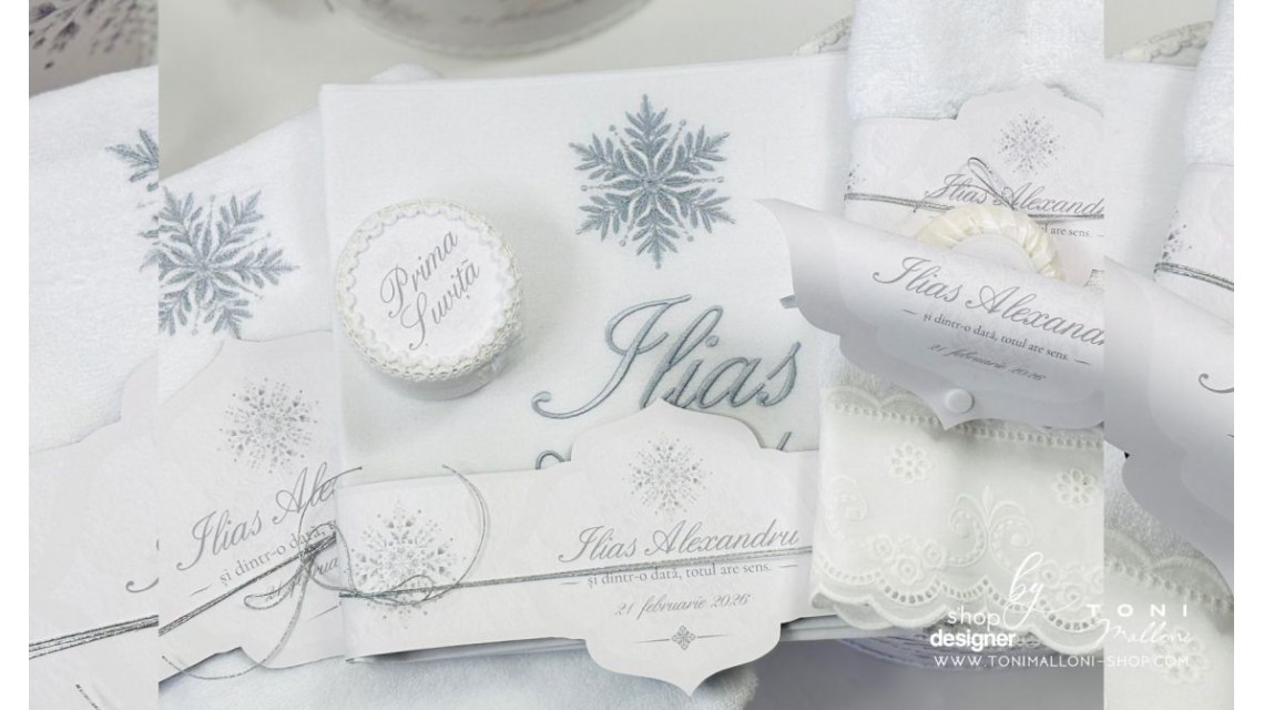 Trusou de botez alb cu gri si dantela bumbac brodata Fulg de Nea 17